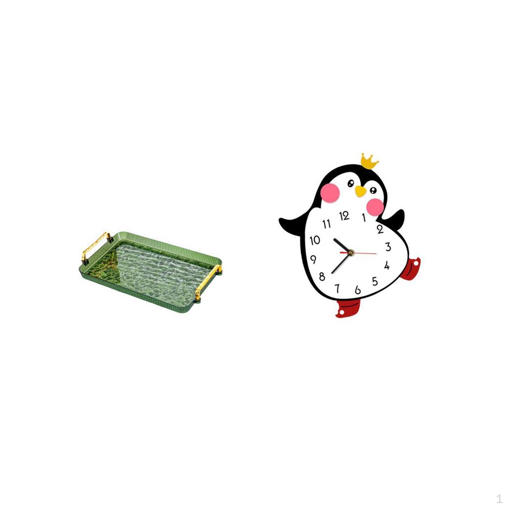 Dessert Plate Coffee Table Tray with Handle And Cartoon Penguin Wooden Wall Clock Jewelry Storage