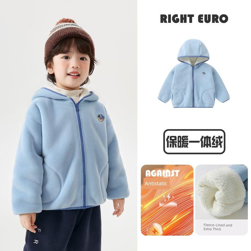 Right European Style Boys' Bear Collar Jacket with Fleece Lining, Thickened, Anti-Static, New Winter Children's Clothing Top, Trendy