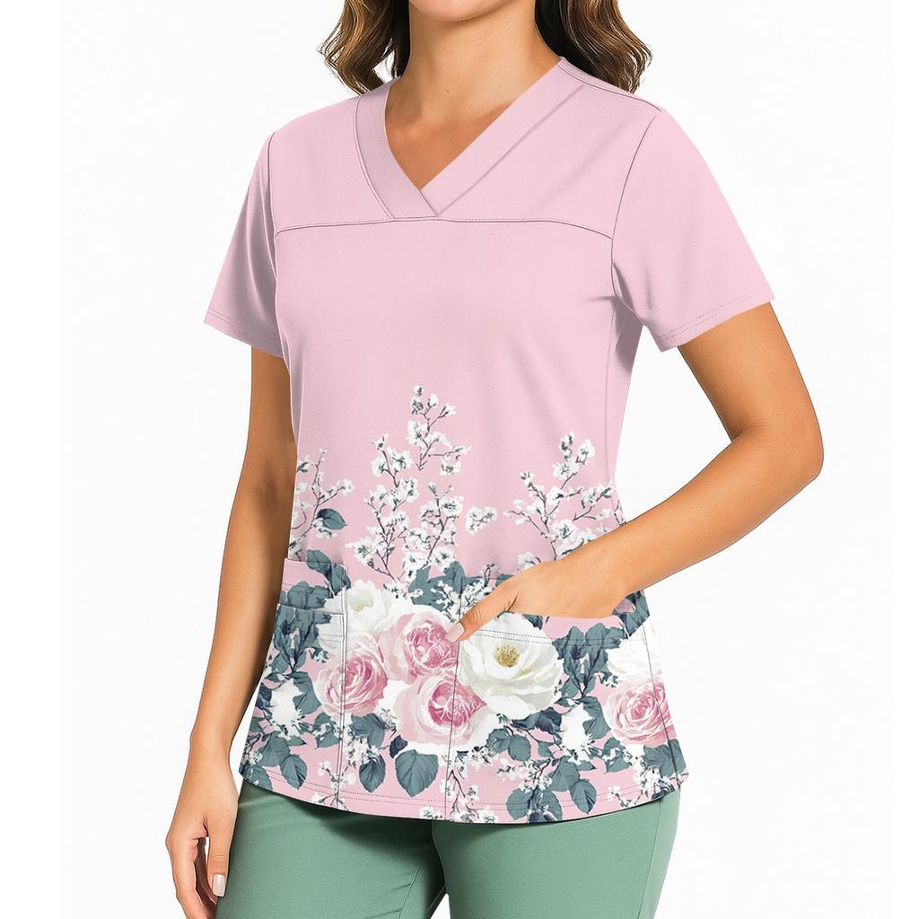 Women's Casual Printed V-Neck Pocket Side Slit Short Sleeved Top Short Sleeved Top