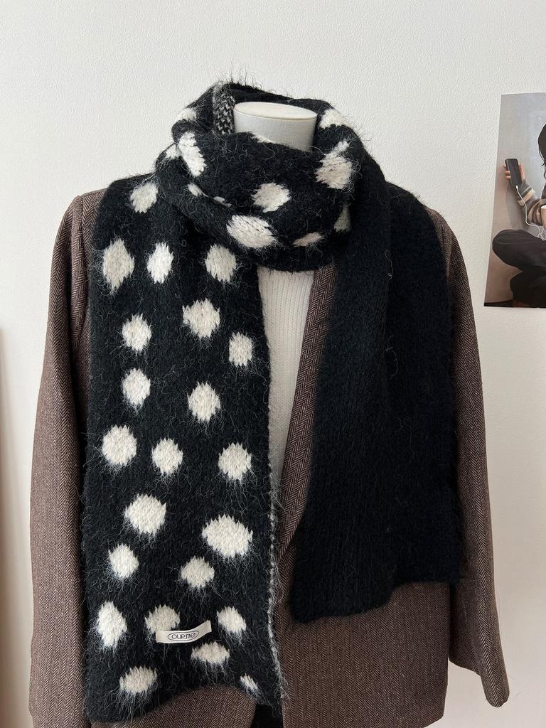 Korean Style Polka Dot Plush Knitted Scarf Soft Thick Color-Block Scarf Thermal Windproof Neck Warmer Scarves