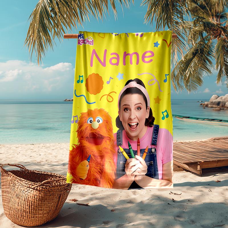 Custom Name Ultra-Soft Beach Towel with Ms. Rachel Theme,Ideal for Pool - Camping, Diving - Perfect Travel Essential, Vibrant Beach Towel.