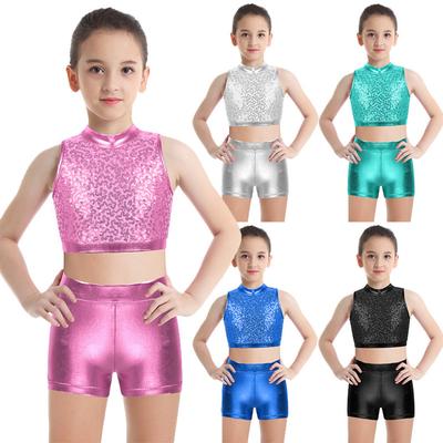 Kids Girls Metallic Two Pieces Dance Outfit Racer Back Sports Tankini Cop Top with Gymnastics Bottoms