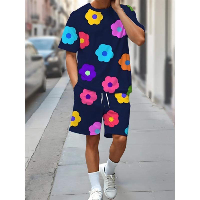 2 Piece Summer Casual Everyday Men's Short Sleeve Shorts Set Hawaiian Print Men's T-shirt Outdoor Sports Men's Beach Shorts