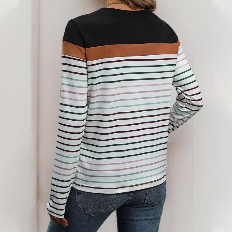 Stripe Summer Long Sleeve Women O Neck Casual Comfortable Fashion Tshirt Top