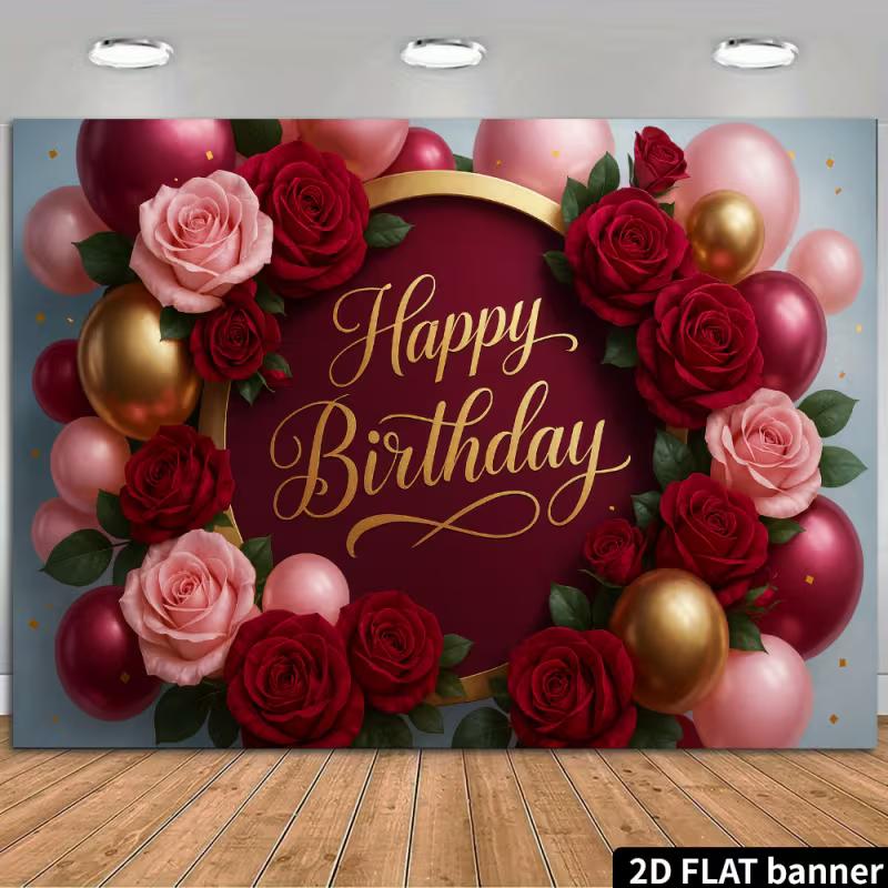 2D Rote Rosa Rose Alles Gute zum Geburtstag Hintergrundbanner Goldener Ballon Party Hintergrund Dekoration