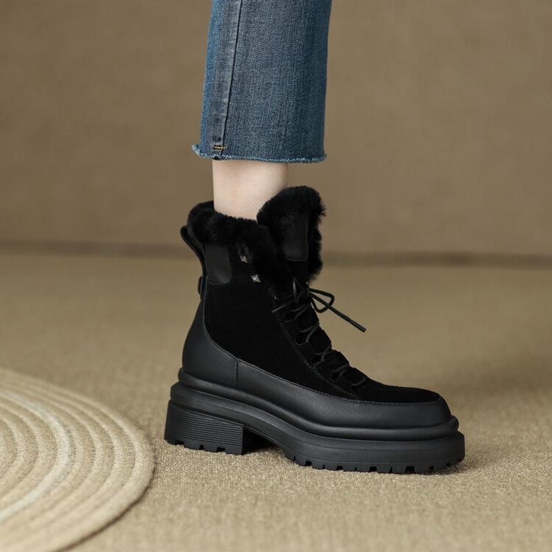 2024 New Popular Cross-Tied Women Ankle Boots Winter Warm Wool Snow Boots Genuine Leather Thick Heels Casual Outdoor Shoes Woman