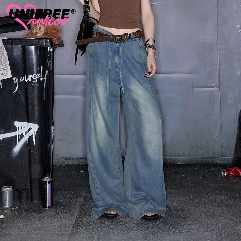 UNIFREE Washed Vintage Straight Wide-Leg Jeans L