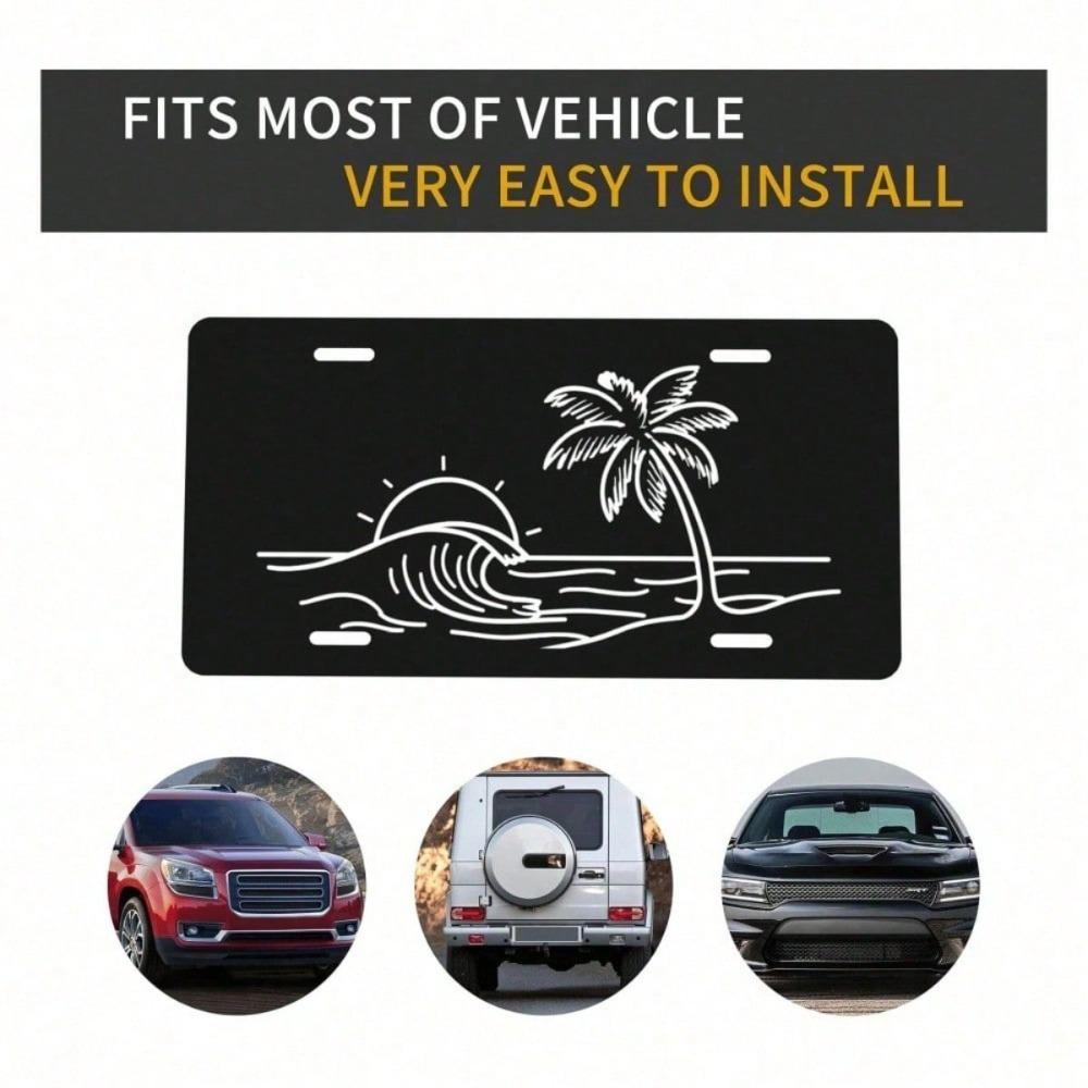 Sunset Beach Palm Tree License Plate, 6x12 Inch Rust-Free Fade Resistant Aluminum Car Tag, Tropical Design Decorative Front