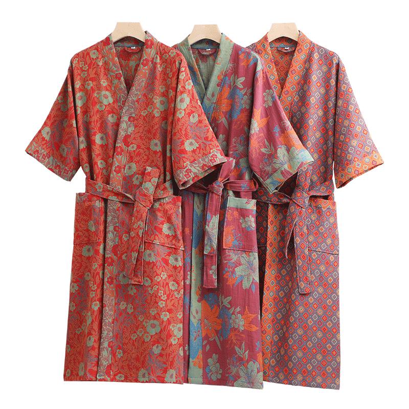 Pure Cotton Double Layer Gauze Bathrobe - Class A Spring/Summer, Thin, Water-Absorbent, Quick-Drying Yukata for Couples