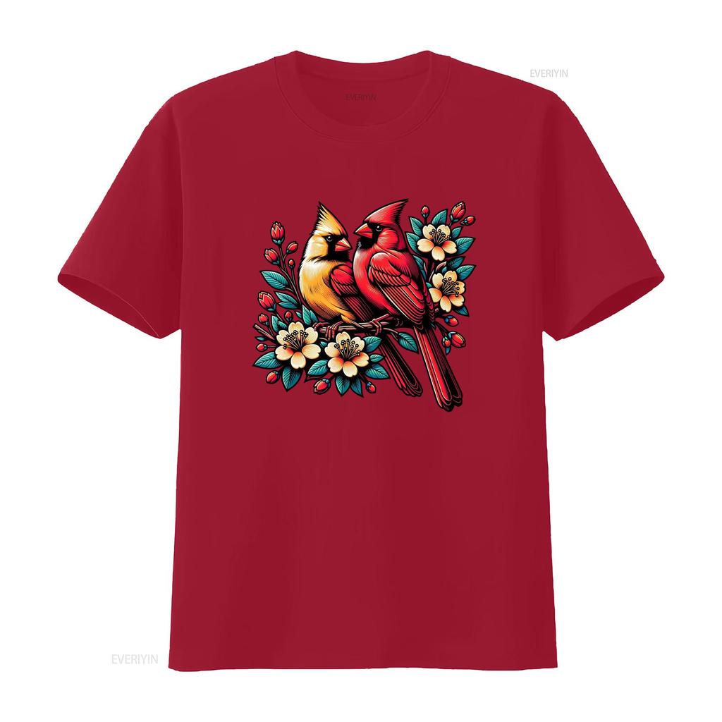 Adorable Red Cardinal Pair on Blooming Branch Spring Lovers T Shirt vintage Washed Comfortable designer clothes Slightly