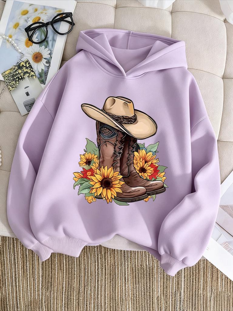 Vintage Western Cowboy Boots Hat Sunflower Art Print Kids Hoodie Loose Oversized Pullover Boys Girls Streetwear Sweatshirt