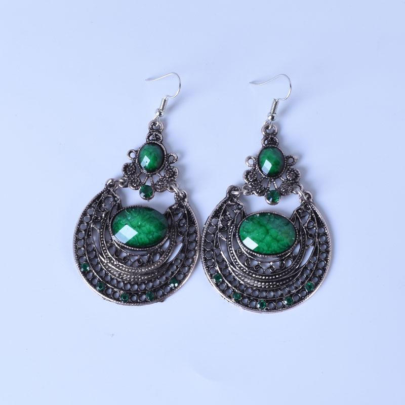 European & American Bohemian Gemstone Pendant Earrings with Retro Hollow Carving