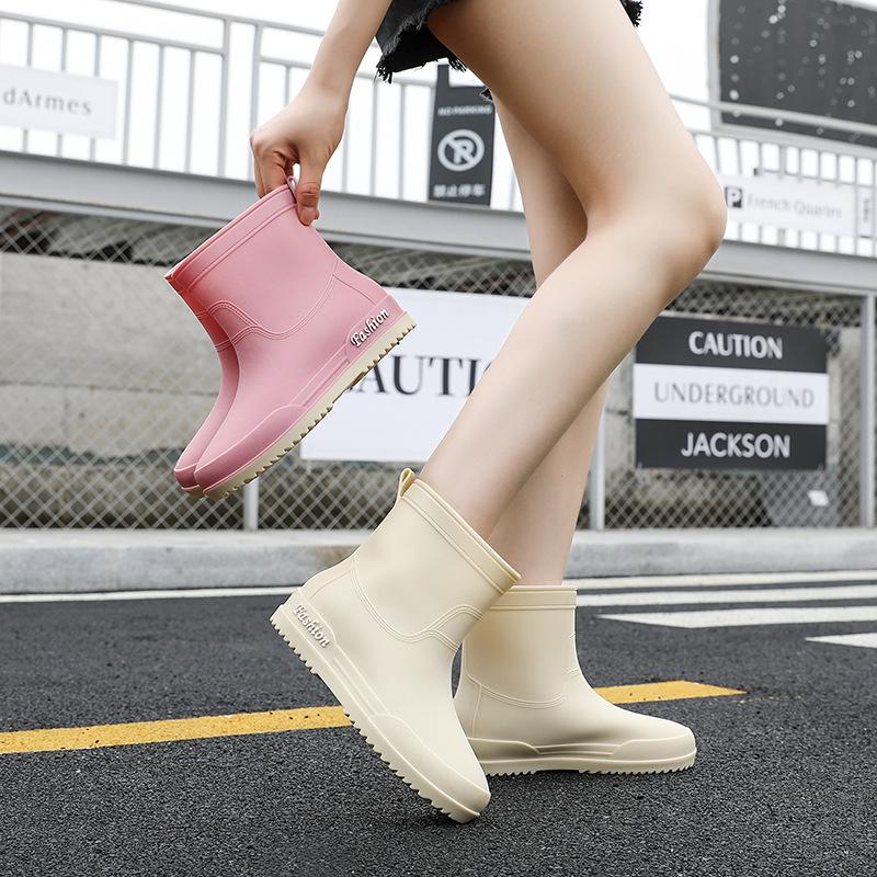 Fashion Women Middle Tube Rain Boots Waterproof Non-slip Thick Bottom Rubber Water Shoes for Outdoor Walking Rainy Day Camping