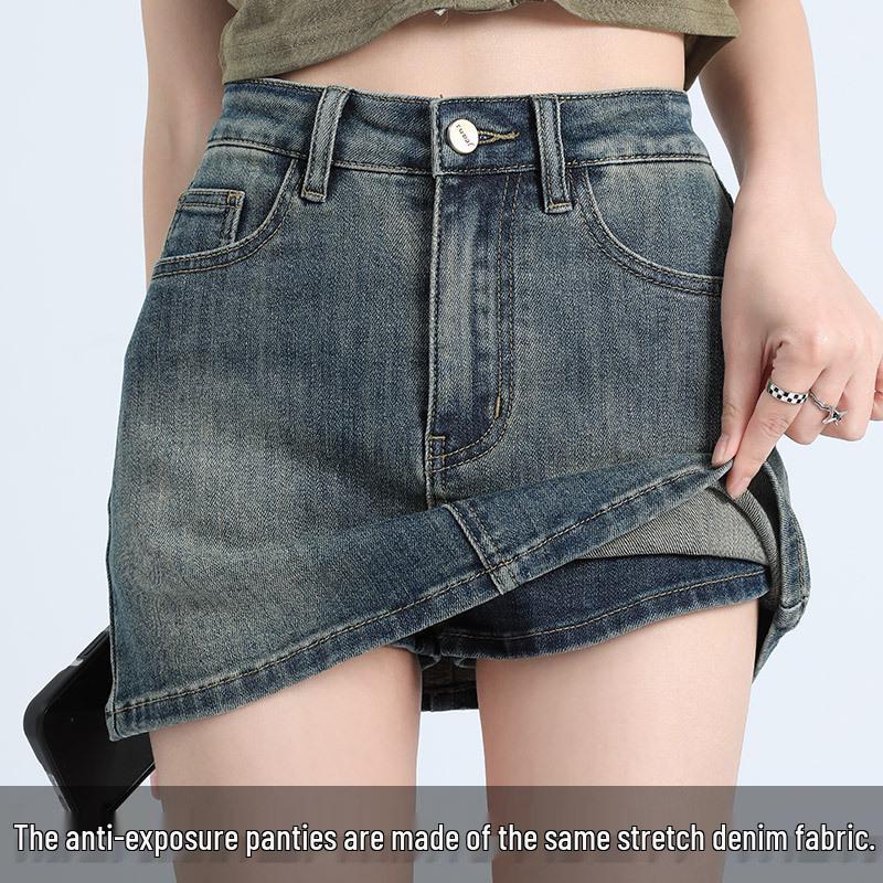 Women's High-Waist Stretch Retro Denim A-line Mini Skirt - Anti-Exposure, Hip-Hugging, Perfect for Spring/Summer Fashion