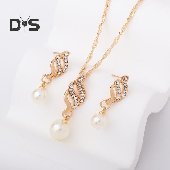 2Pcs/Set Women Jewelry Set Imitation Pearl Rhinestones Inlaid Necklace Drop Earrings Set Wedding Accessories