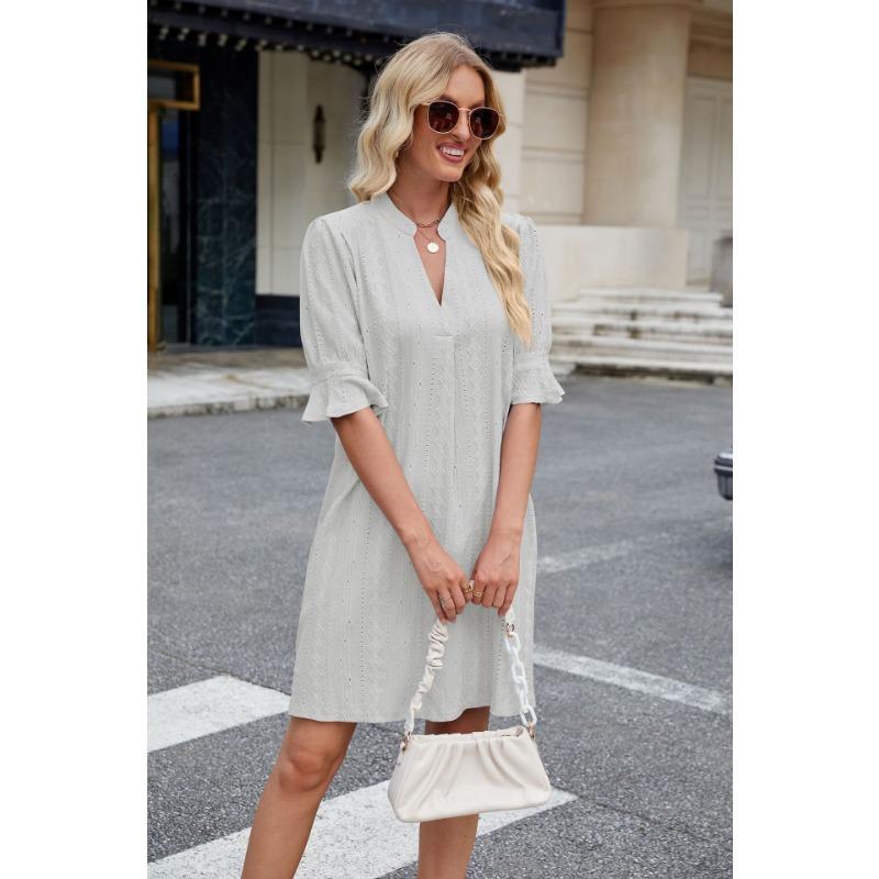 YYFS Damenmode Sommer Frühling Einfarbig Druck Kurzarm V-Ausschnitt Lose Taille Freizeitkleider