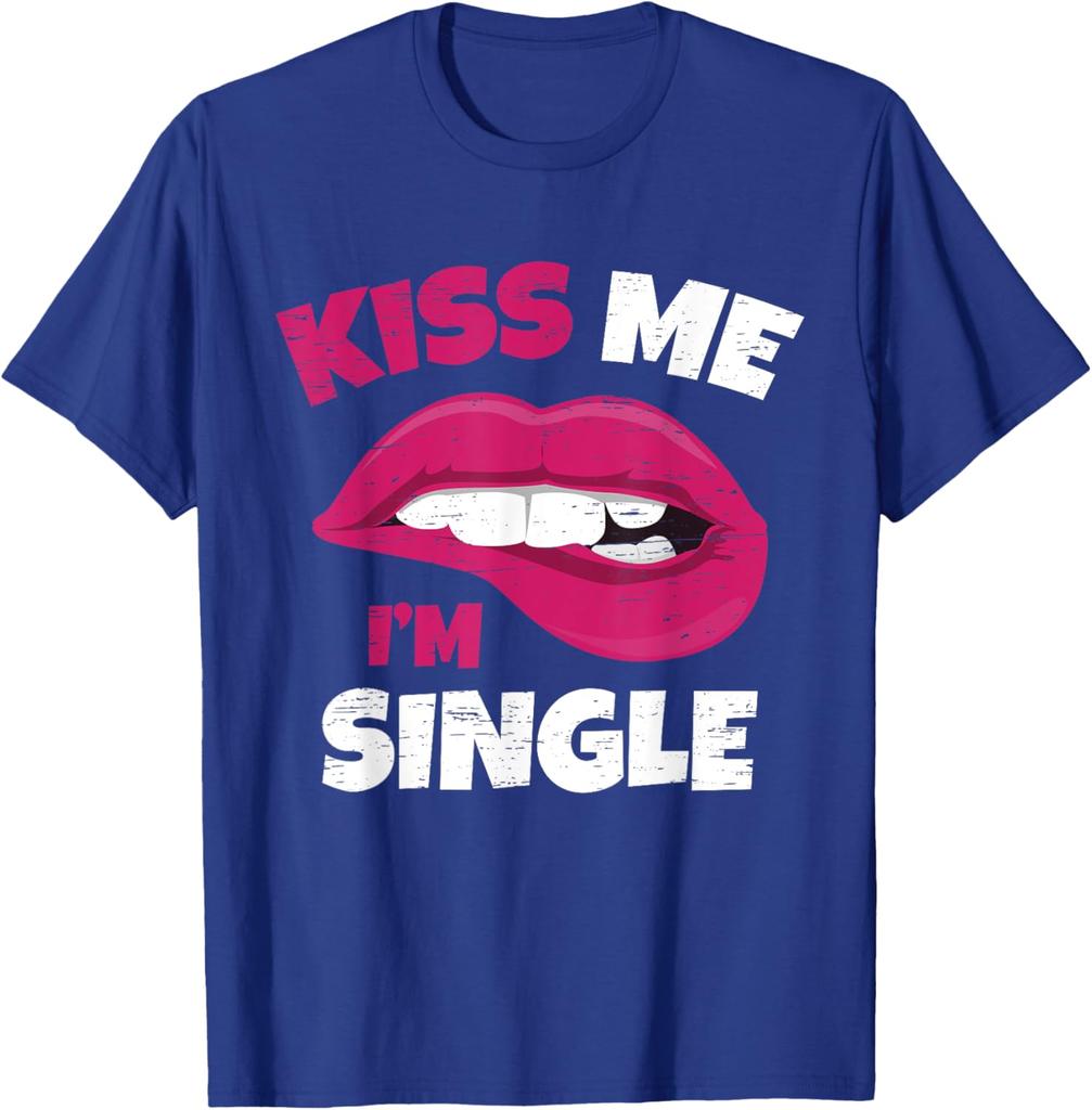 Kiss Me Im Single Lips Graphic Print Round Neck Cotton Short Sleeve T-Shirt Casual Daily Adults