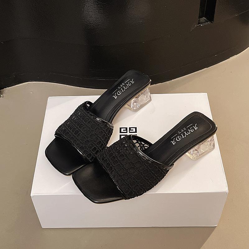 

Hollow woven mesh one-word slippers women s summer wear new thick heel crystal high heels cool slippers 40