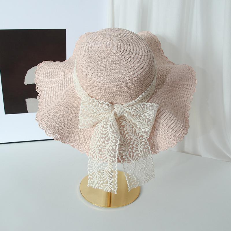 Straw hat female lace bow large brim foldable sunscreen visor seaside beach sweet bucket hat