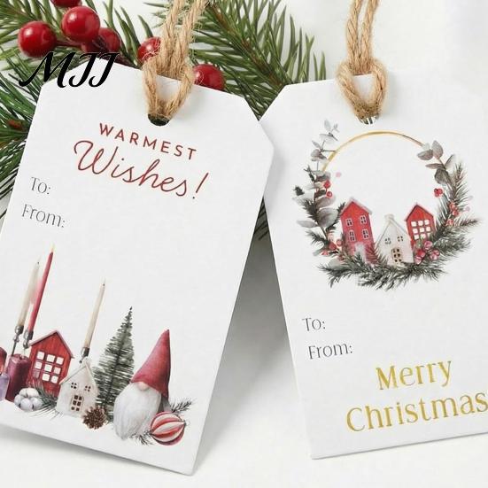 Cardboard Hanging Tags 48 Pcs Christmas Gift with String, Seasonal Labels, Holiday Pattern Paper for Presents Xmas Party Present Decoration,