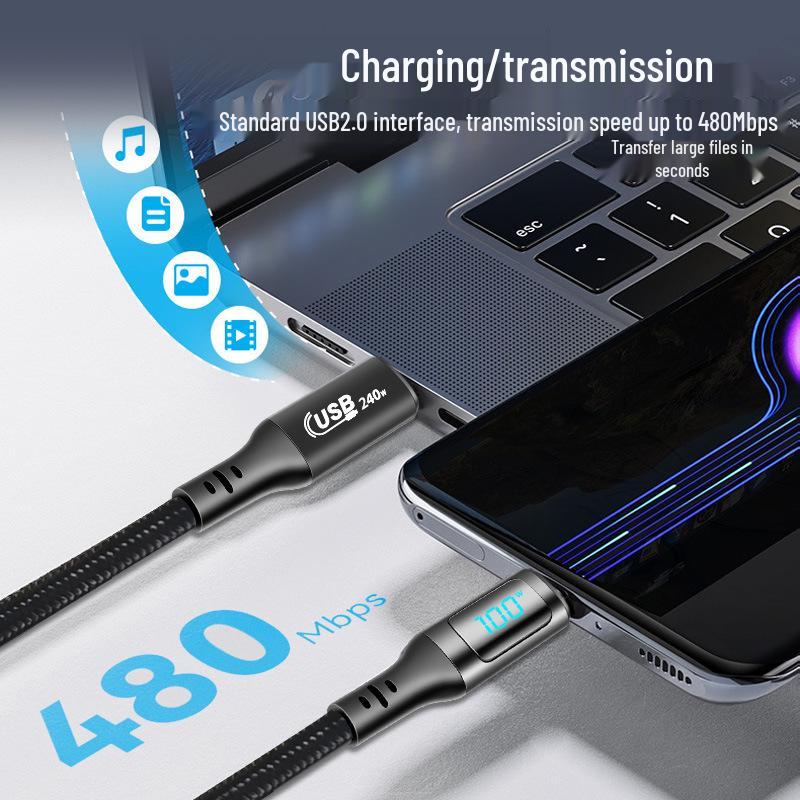 USB2 Digital Display 240W Fast Charge Dual Type-C Cable with Current Voltage Power Monitor