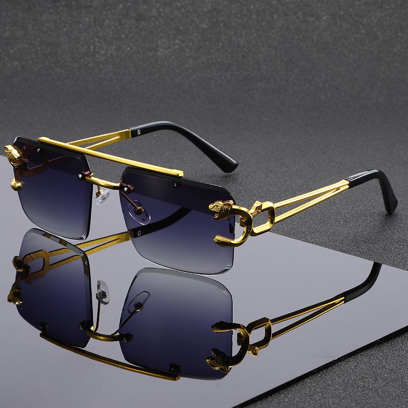 New European and American personalized box frameless double beam leopard head sunglasses fashionable driving sunscreen sunshade glasses