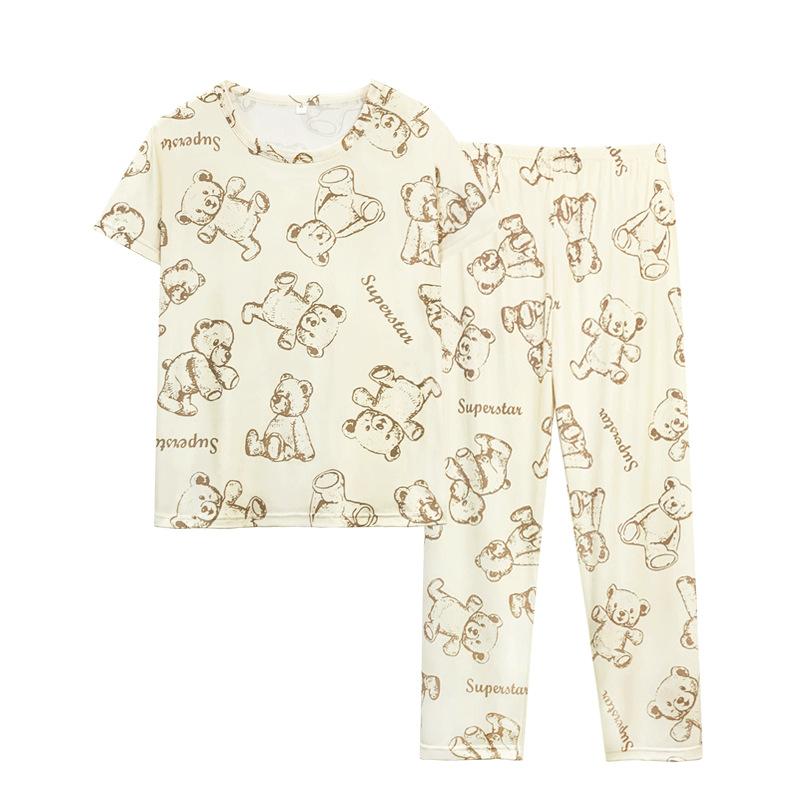 Soft and girlish Teddy Bear cartoon pajamas for women, summer thin cotton short-sleeve set, loose long pants, loungewear suitable for outerwear