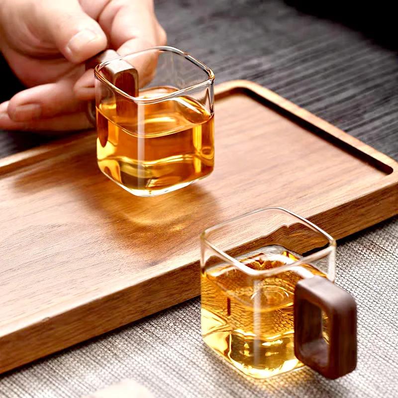 Kleine Capaciteit Versgemalen Koffie Glazen Koffiemok Met Walnoothouten Handvat Thuis Ontbijt Melk Thee Kopjes en Mokken Drinkgerei