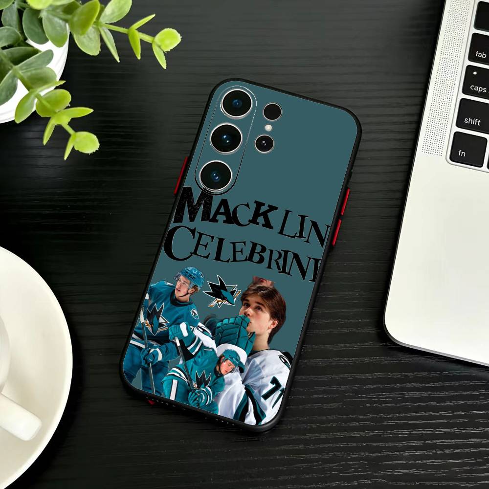 Custodia per telefono Sharks Macklin Celebrini per Samsung S26,S25,S24,S23,S22,S21,S20,S30,Ultra,Plus,Fe,Note,5G Copertura Nera