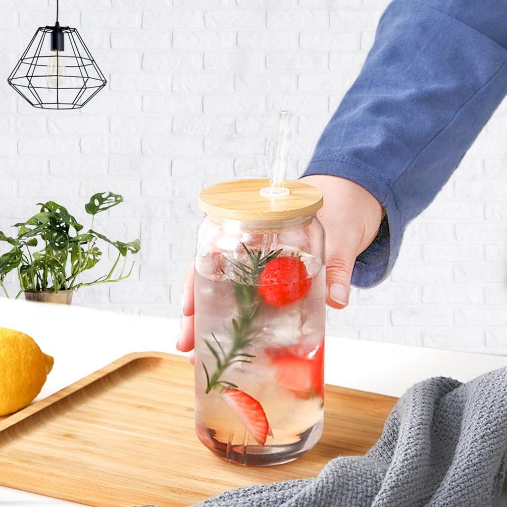 6pcs 400/500ml Glass Cup with Bamboo Lid and Straw Bubble Tea Cup Glasses Cups Beer Can Coffee Cup Cold Wine Cola Drinkware