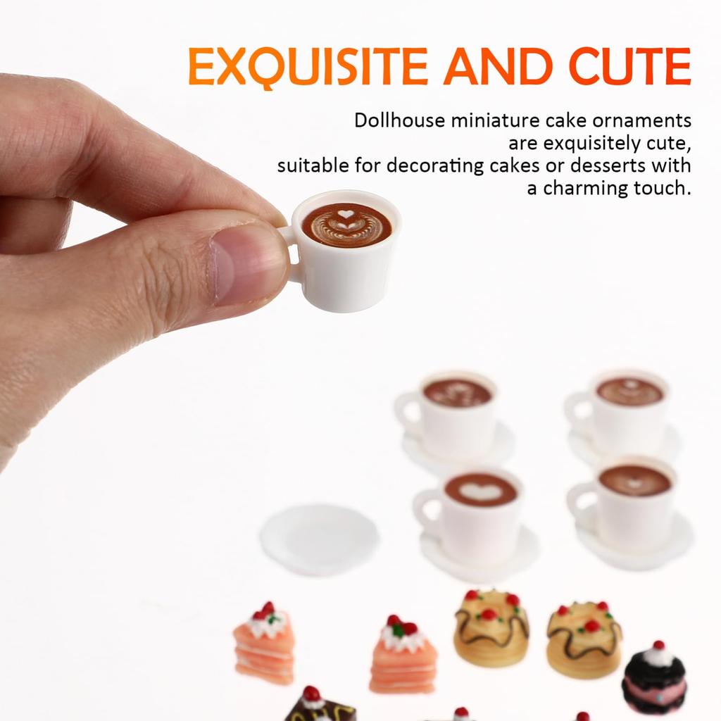 TOPPERFUN 24-teiliges Miniatur-Lebensmittel- und Kaffeetassen-Set, 1:Maßstab 1:12, für Puppenhäuser, Enthält 12 Kuchendummies, 6 Mini-Tassen und 6 Untertassen, Harz und