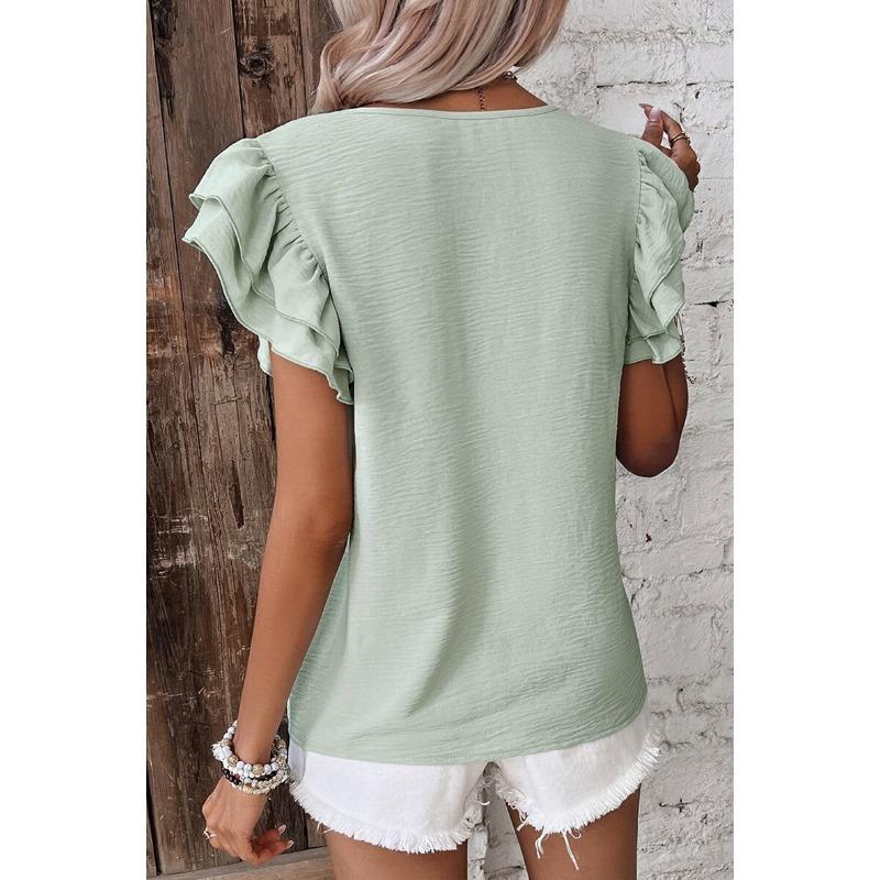 2026 Petal Sleeve Round Neck Short Sleeve T-shirt Fashion Women O Neck Summer Blouse Short Sleeve Elegant Solid Color Casual Ruffled Tops Ladies Shirt