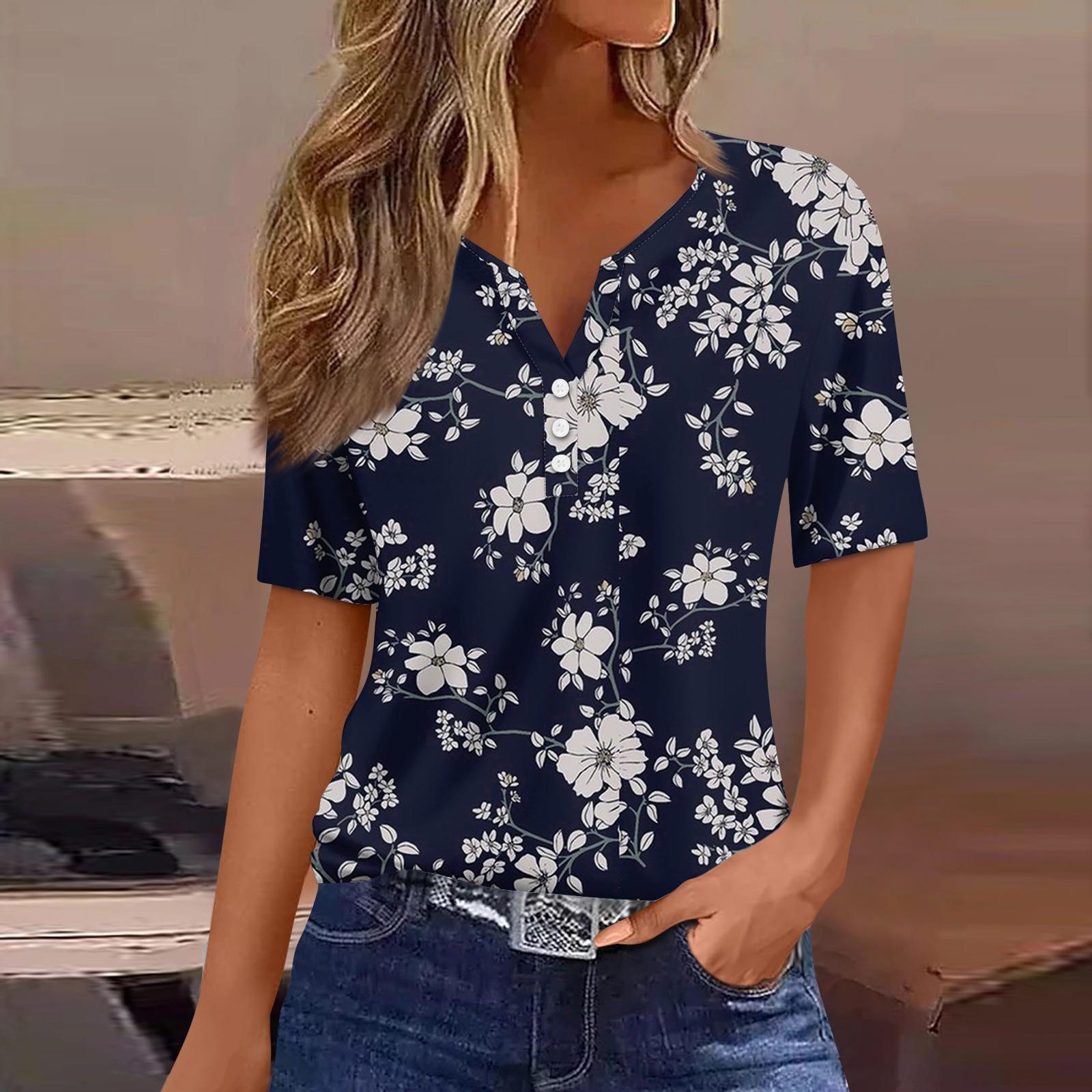 

Жен. Футболка Футболка С принтом Пуговицы С короткими рукавами Повседневные Выходные Мода Классический V-образный вырез Обычный Верх L тёмно-синий