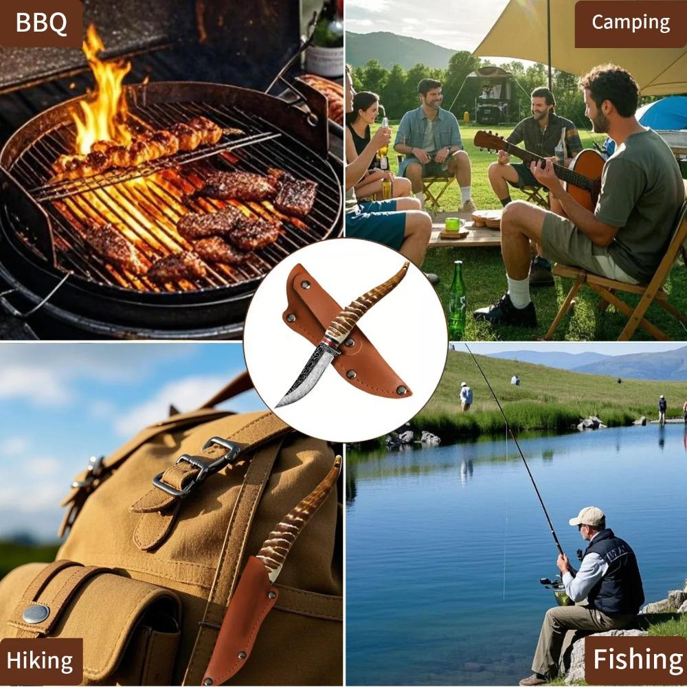 1pc Angular Handle Multi-Functional Knife-Damascus Pattern Blade Knife with Sheath Cover,Ideal for Meat Fruit Cuttin and Carving