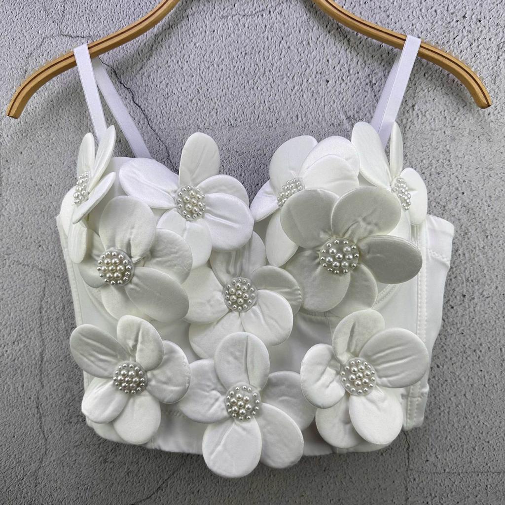 Unique Halter Top Outerwear Handcrafted Floral Pearl Embellished Halter Top for Women Dance Wrap Top Performance Attire Camis & Tank Tops