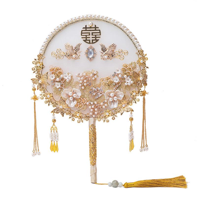 32CM Vintage Chinese Wedding Decorative Fans Wedding Bride Round Fans Photography Ornaments Home Decor  Art Craft Fans