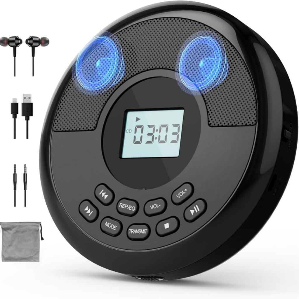 Portable CD Player with Speakers and Bluetooth: Rechargeable Discman with Headphones, Anti-Skip Protection-CD/MP3/USB/BT Transmit/AUX