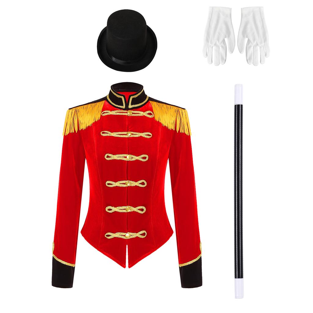 Women Ringmaster Costume Long Sleeve Jacket Stand Collar Fringe Shoulder Boards Golden Trim Hat Gloves Magic Set