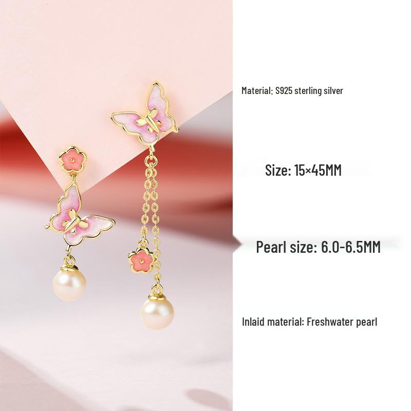 Elegant S925 Silver Enamel Butterfly & Flower Pearl Stud Earrings - Unique, Stylish Gift for Her 925 Sterling Silver