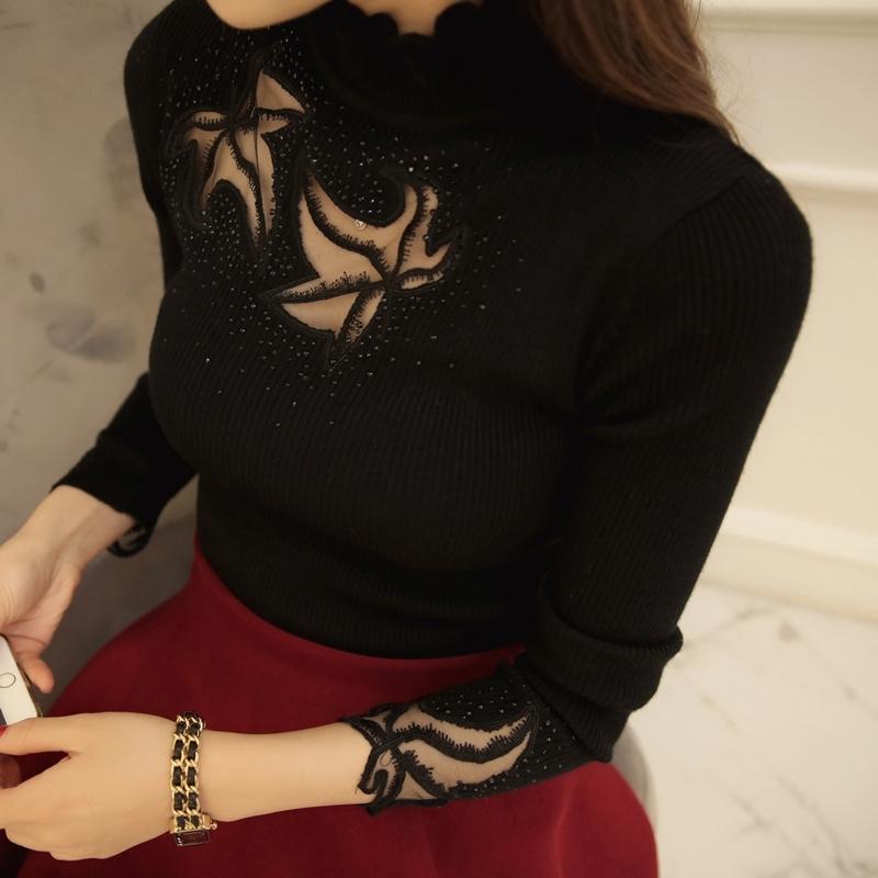 High Neck Sweater for Women Slim Fit Autumn and Winter Women's Clothing Long Sleeved Lace Temperament Ladylike Base Sweater Pullover