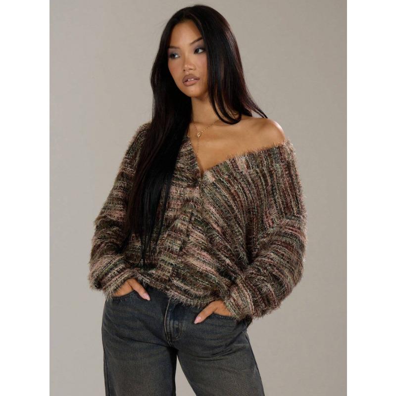 DAFIFY Women's Fashion Casual Fall Winter Colour Block Print Long Sleeve V-Neck Sweaters