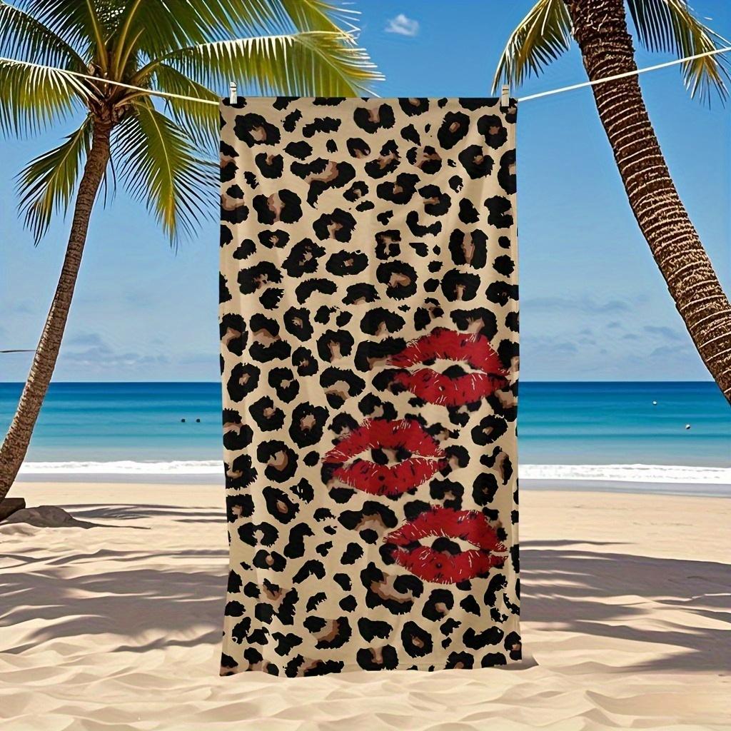 Stylish Leopard Print Red Lips Beach Towel, Absorbent for Pool Beach Quick Dry