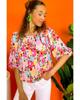 Azura Exchange Red Floral Print Puff Sleeve Pleated Elastic Neckline Blouse