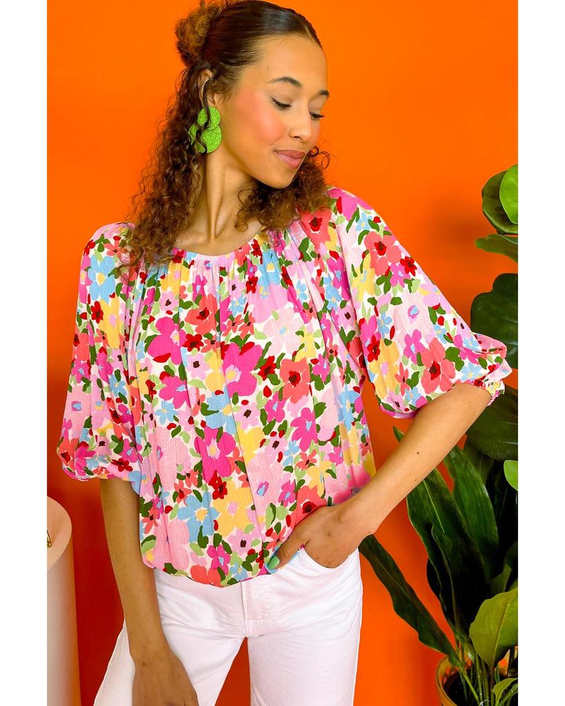 Azura Exchange Red Floral Print Puff Sleeve Pleated Elastic Neckline Blouse