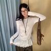 White Lace Floral Trim Long Sleeve Base Layer Top for Women - Autumn/Winter Korean Style Fashion New Arrival.