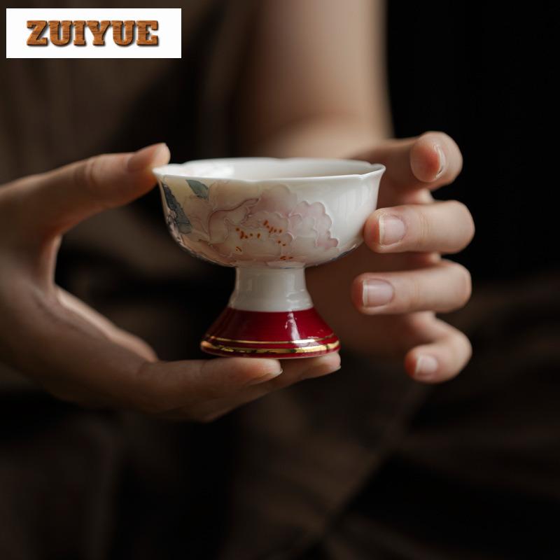 65ml Hand Drawn Peony Master Cup Vintage High Footed Large Teacup High End Gold Plated Tea Cup Flower Mouth Kung Fu Tea Set Gift