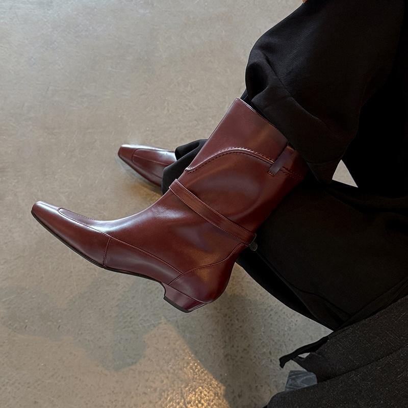 Fashion 2025 Ins New Sheepskin Boots Handmade Square Toe Chunky Mid Heel Autumn Winter Ankle Boots Fashion Office Dress Women's Shoes