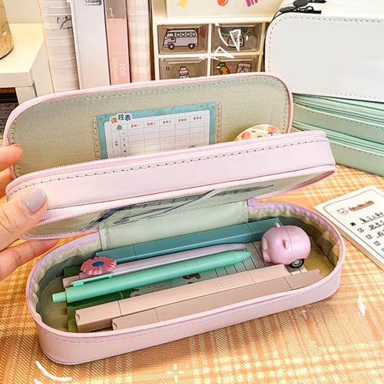 Dual-Layer Pencil Case Faux Leather Cute Stationery Bag Large Capacity Portable Pen Pouch for School Office Supplies