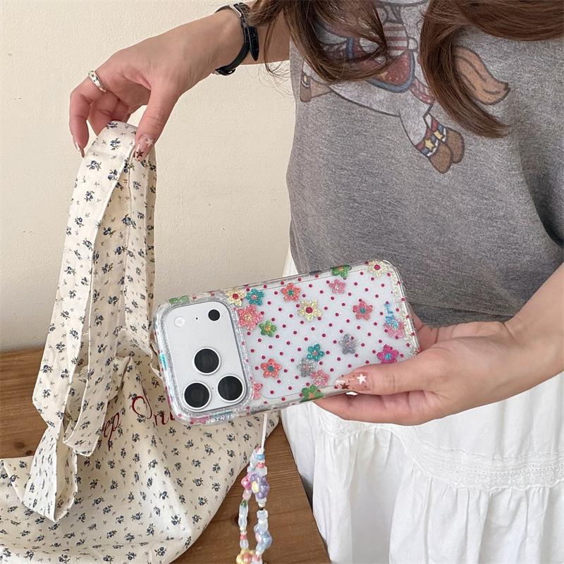 Soft Pink Flower Polka Dot Glitter Clear Case With Wrist Strap For iPhone 15 16 17 Pro Max INS Kawaii Shockproof Cover