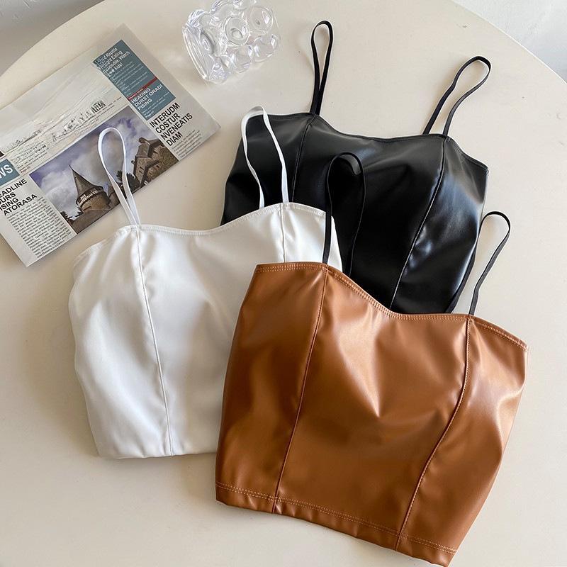 Retro Hong Kong Style Women's Slim Leather Suspender Vest with Fixed Cup